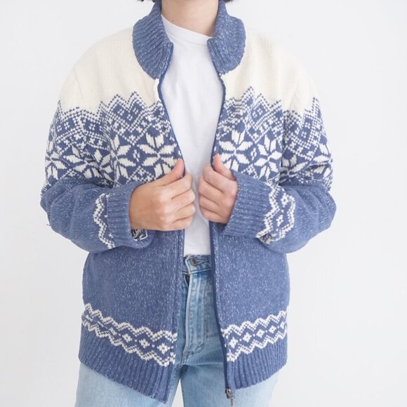 Vintage Tradition Blue Cream Snowflake Winter Knit Zip Up Cardigan Sweater L - Picture 2 of 11